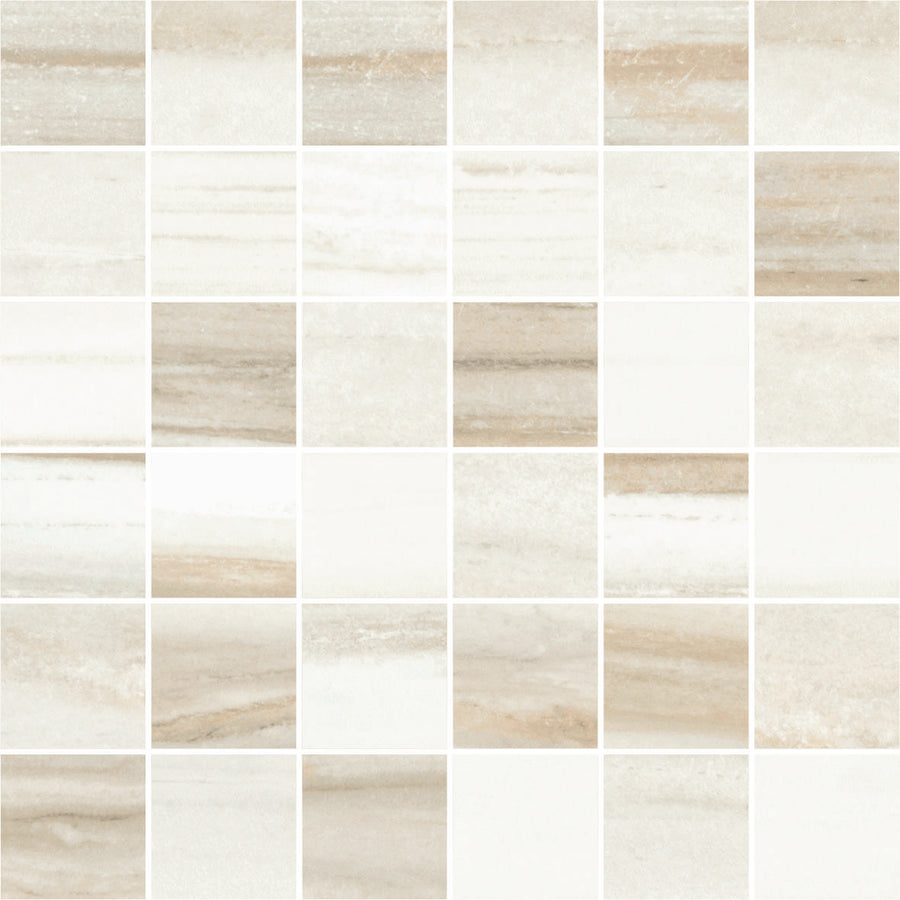 The Monte Carlo 2x2 Mosaic Matte Porcelain Tile features square beige and cream tiles with subtle color variations and stone-like veining, arranged in a 6 by 6 grid for timeless luxury appeal in home decor.