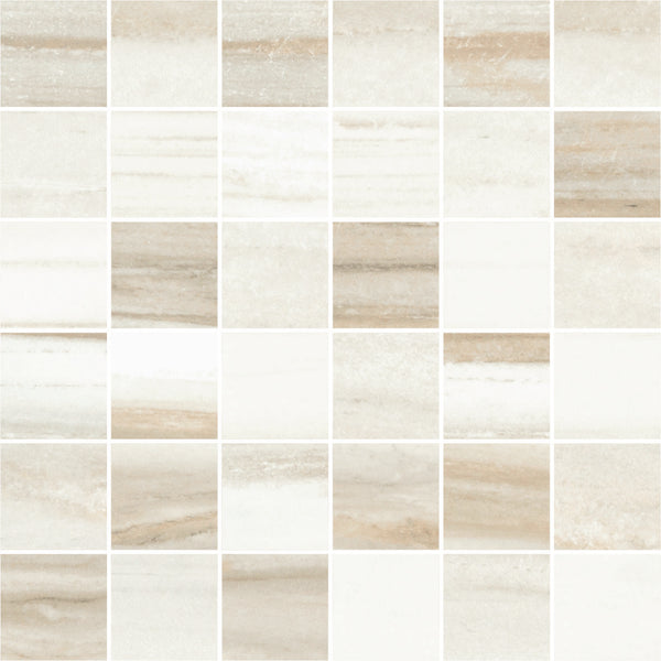 The Monte Carlo 2x2 Mosaic Matte Porcelain Tile features square beige and cream tiles with subtle color variations and stone-like veining, arranged in a 6 by 6 grid for timeless luxury appeal in home decor.