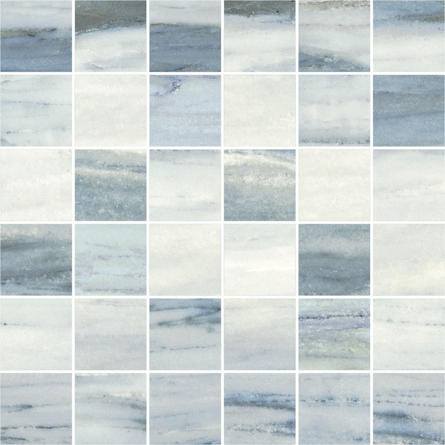 The Monte Carlo 2x2 Mosaic Matte Porcelain Tile features unique marbled patterns in blue, gray, and white on each square, creating a varied yet cohesive look ideal for elevating any home decor.