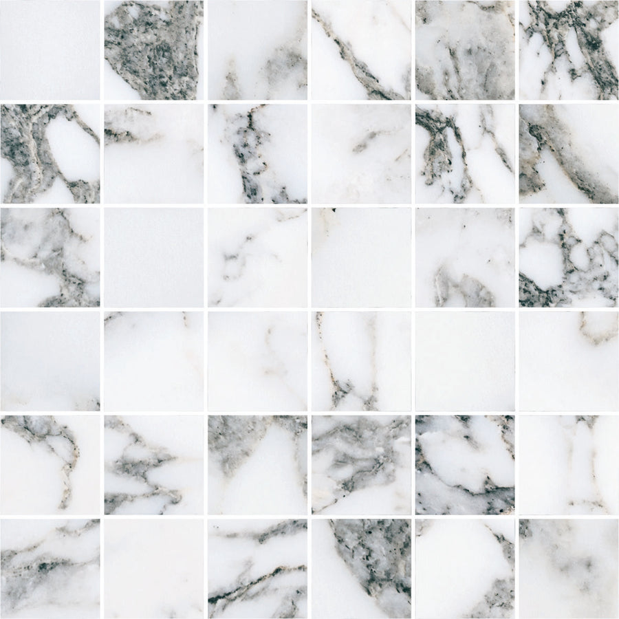 Close-up of Monte Carlo 2x2 Mosaic Matte Porcelain Tile, featuring square white tiles with grey and black veining in a marble-like grid—perfect for those seeking refined, luxury-inspired home decor.