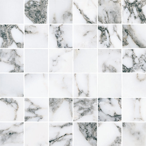 Close-up of Monte Carlo 2x2 Mosaic Matte Porcelain Tile, featuring square white tiles with grey and black veining in a marble-like grid—perfect for those seeking refined, luxury-inspired home decor.
