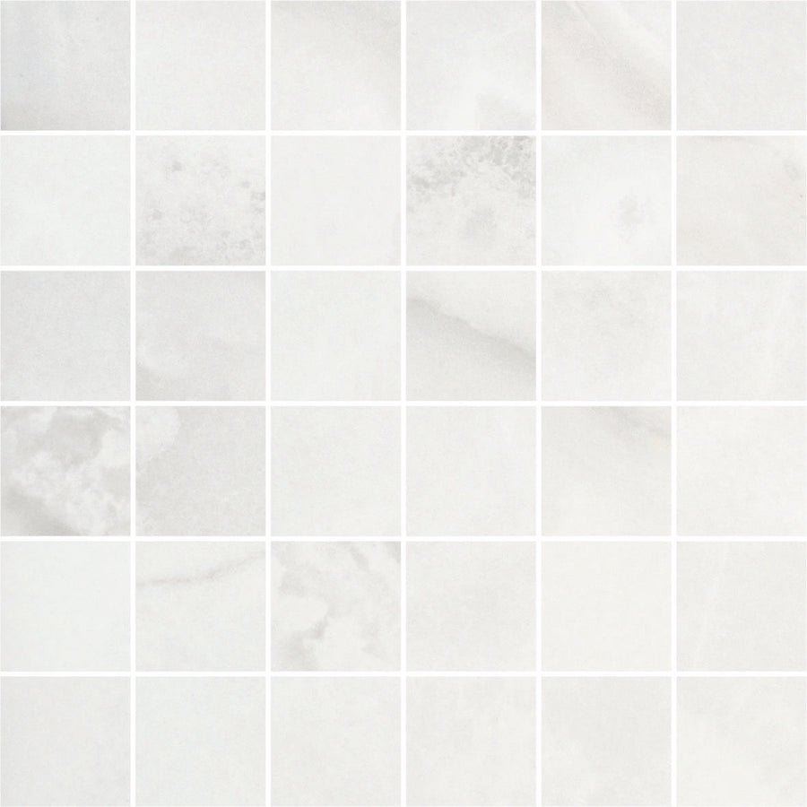 A grid of light gray and white Monte Carlo 2x2 Mosaic Matte Porcelain Tiles with subtle veining and natural color variations, arranged in a square pattern—ideal for refined home decor.