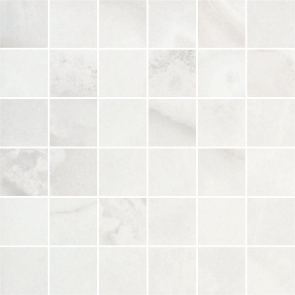 A grid of light gray and white Monte Carlo 2x2 Mosaic Matte Porcelain Tiles with subtle veining and natural color variations, arranged in a square pattern—ideal for refined home decor.