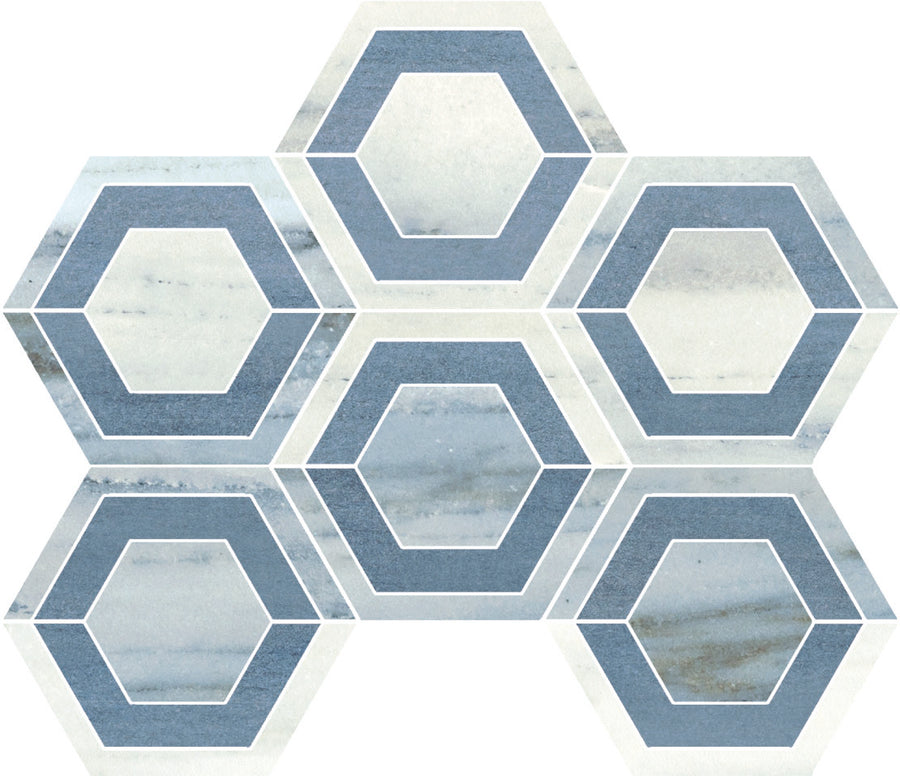 The Monte Carlo Esagono Evo Hexagon Polished Porcelain Tile features a honeycomb of seven blue and white marble-like hexagons, each with two outlined inner shapes, showcasing luxury and geometric elegance for your home.