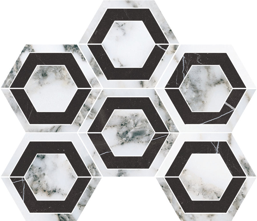 The Monte Carlo Esagono Evo Hexagon Polished Porcelain Tile features seven tiles with white hexagonal shapes, gray marble veining, and bold black borders, creating a nature-inspired honeycomb geometric pattern.