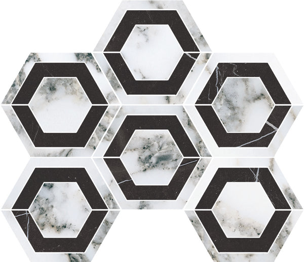 The Monte Carlo Esagono Evo Hexagon Polished Porcelain Tile features seven tiles with white hexagonal shapes, gray marble veining, and bold black borders, creating a nature-inspired honeycomb geometric pattern.