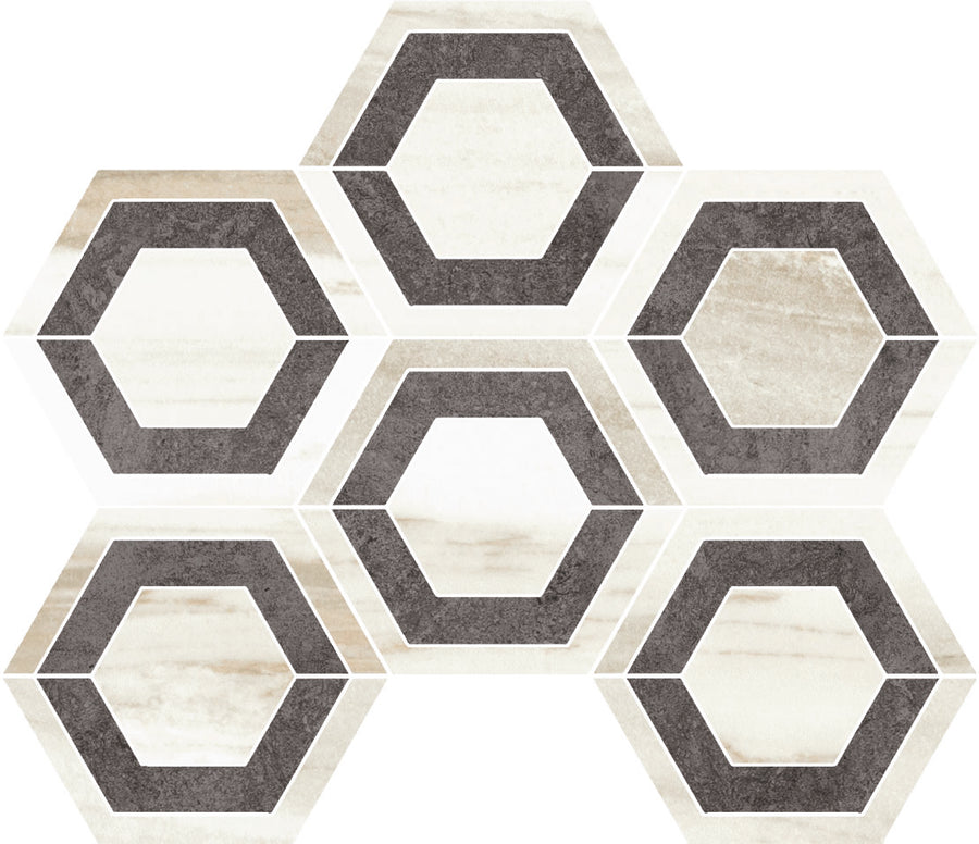 The Monte Carlo Esagono Evo Hexagon Polished Porcelain Tile features cream and beige marble-look backgrounds with dark gray outlined hexagons, arranged in a honeycomb pattern for elegant geometric style in luxury homes.