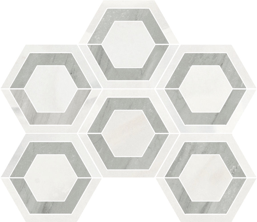 The Monte Carlo Esagono Evo Hexagon Polished Porcelain Tile features six interconnected hexagons with a marble texture, white center, thin white border, and grayish outer layer for a modern geometric look.