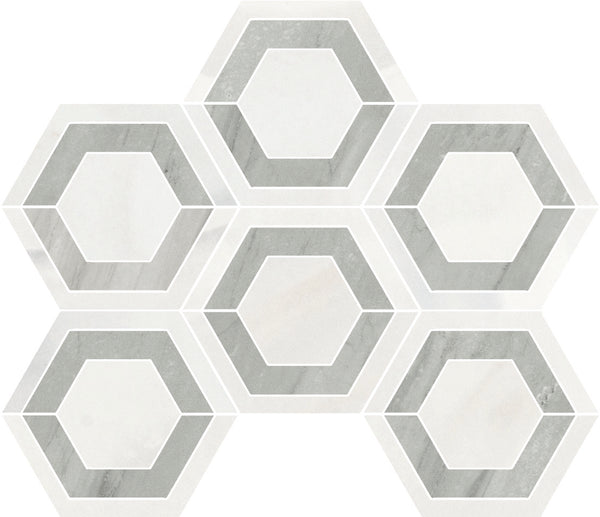 The Monte Carlo Esagono Evo Hexagon Polished Porcelain Tile features six interconnected hexagons with a marble texture, white center, thin white border, and grayish outer layer for a modern geometric look.