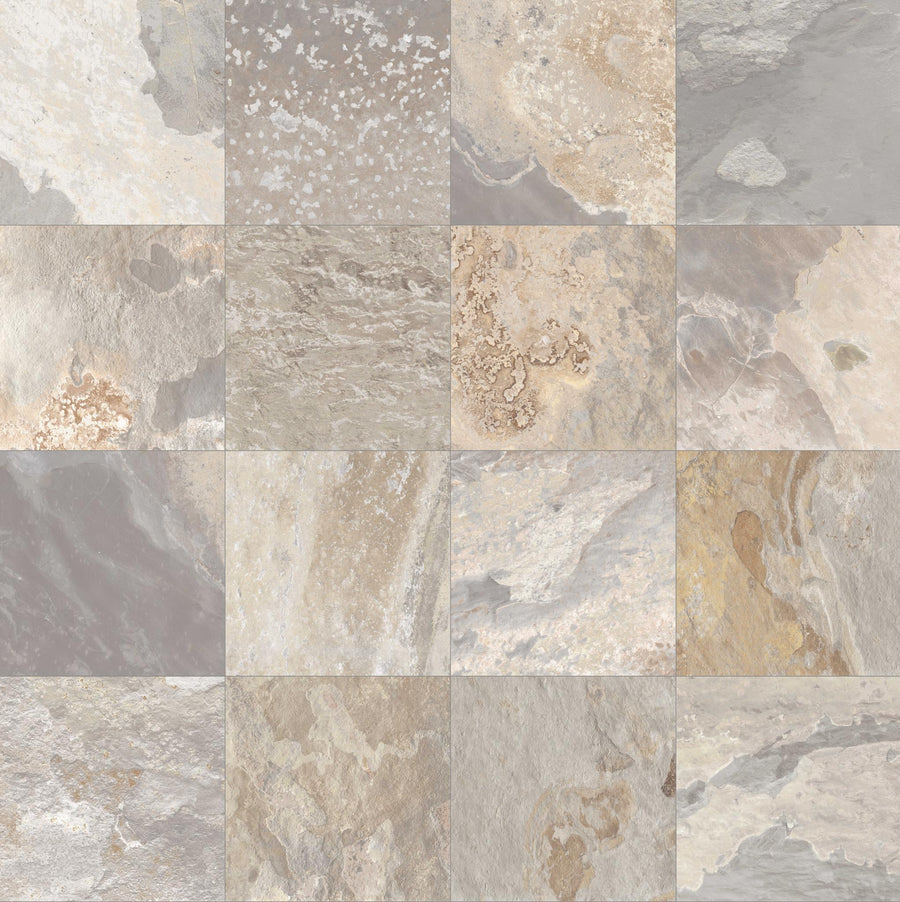 The More 12x12 Porcelain Tile features sixteen square tiles in neutral beige, gray, cream, and taupe shades, each with a unique slate-look texture—ideal for creating a natural mosaic effect in outdoor flooring.