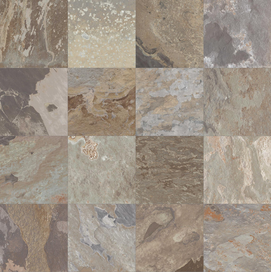 The More 12x12 Porcelain Tile features a collage of colorful squares that mimic slate, offering vibrant inspiration for outdoor flooring designs.