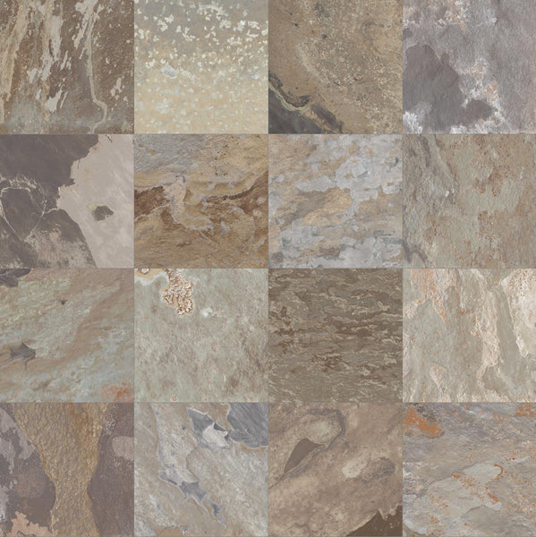 The More 12x12 Porcelain Tile features a collage of colorful squares that mimic slate, offering vibrant inspiration for outdoor flooring designs.