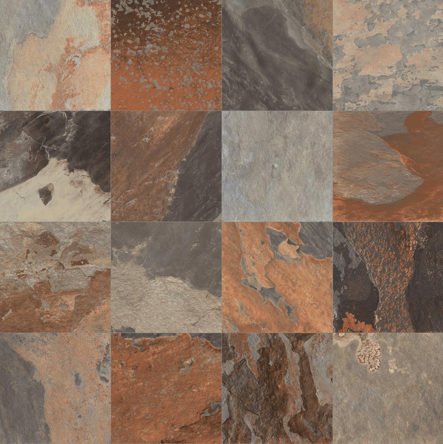 A set of sixteen More 12x12 Porcelain Tiles features earthy, natural stone textures with slate-look patterns and color variations—perfect for adding style to outdoor flooring.