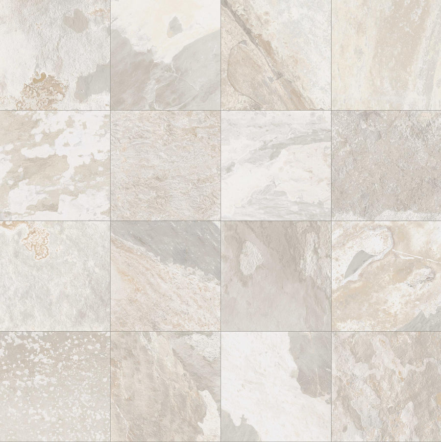 The More 12x12 Porcelain Tile features a grid of sixteen square tiles with natural stone texture in light beige and gray, subtle marbling, and organic patterns—perfect for elegant slate-look outdoor flooring.