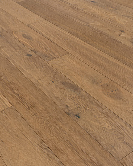 Close-up of Riverside European Oak 7" Hardwood, featuring a natural finish with warm brown tones, visible grain patterns, and knots for a rustic look.