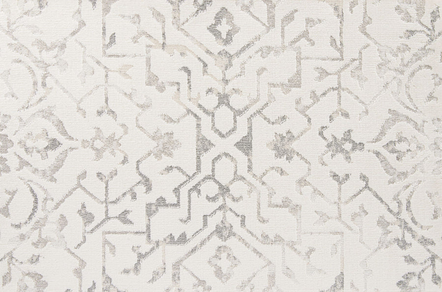 A close-up of the Haka On Trend Carpet reveals a light-colored surface with an intricate gray and beige geometric pattern, featuring interlocking lines, curves, and floral motifs—ideal for stylish, modern interiors.
