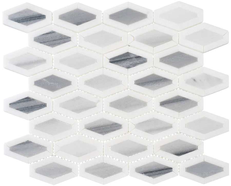 The Garden Party Marble Mosaic features hexagon-shaped white and gray marble tiles in a honeycomb pattern, each with a central gray diamond. The glossy finish creates an elegant contrast against a white background.