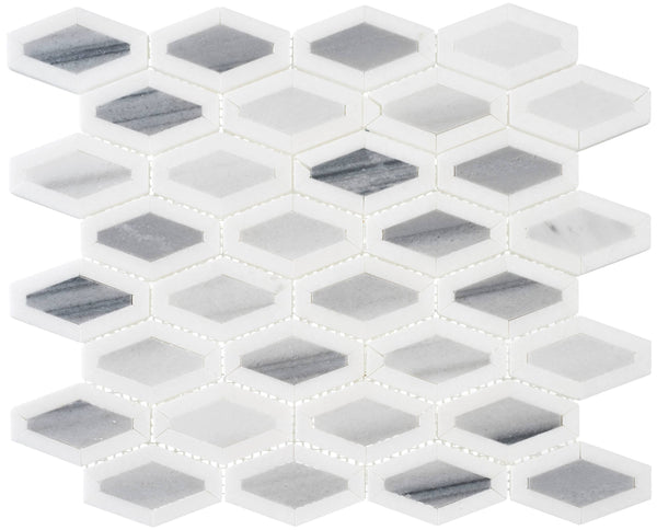 The Garden Party Marble Mosaic features hexagon-shaped white and gray marble tiles in a honeycomb pattern, each with a central gray diamond. The glossy finish creates an elegant contrast against a white background.