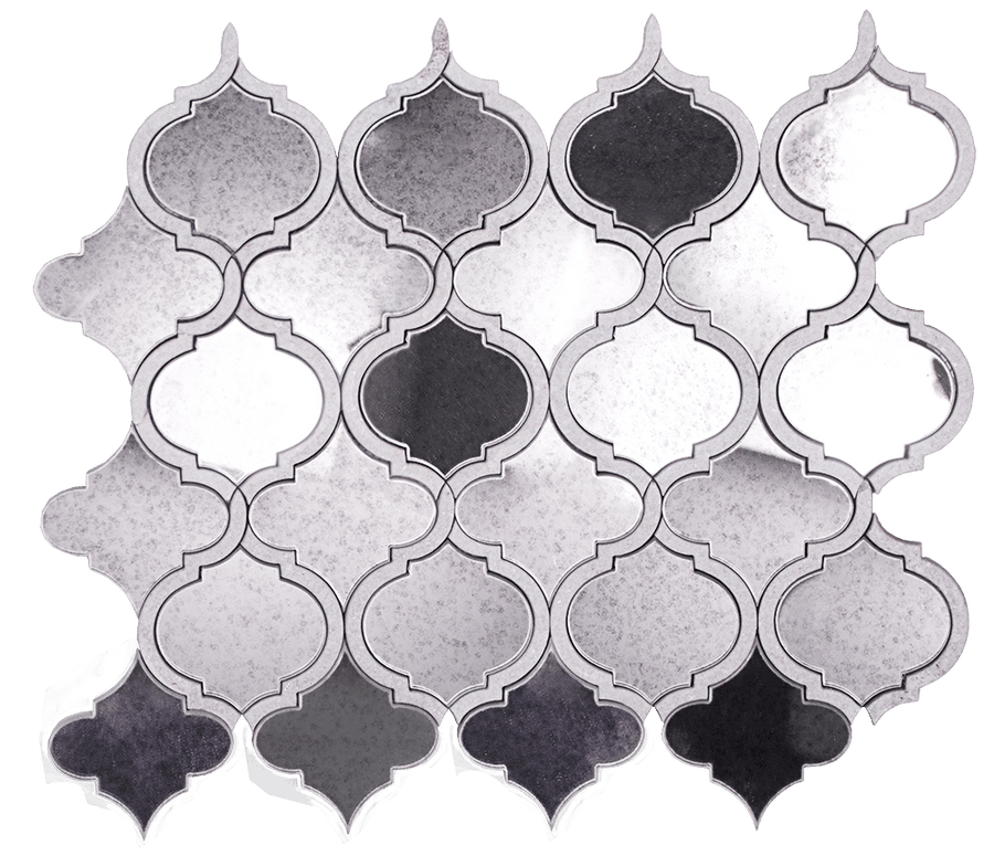 The MJ Vision Lantern Mosaic is a decorative tile sheet with interlocking arabesque mirrored tiles in various silver and gray shades, creating a reflective geometric design on a light background.