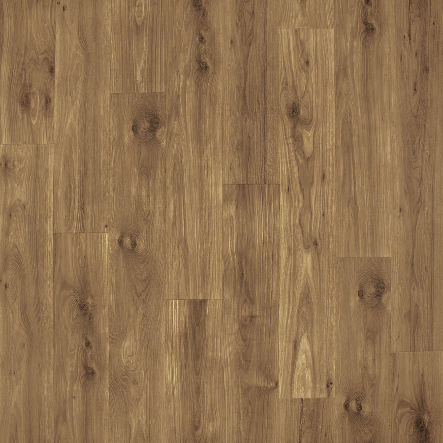 A close-up view of Ivey Park 8.34" Waterproof Laminate shows scratch-resistant planks with a natural brown finish, highlighting wood grain and knots, arranged in a staggered pattern for a classic hardwood look.