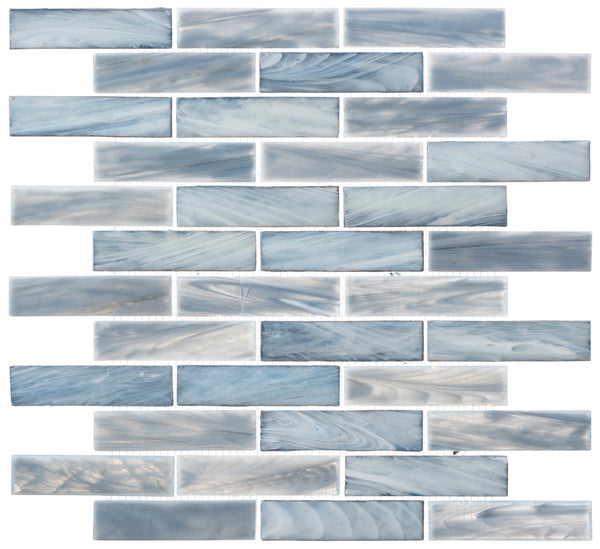 The New England Brick Glass Tile features rectangular blue and white handmade mosaic tiles in a staggered brick pattern, each with a unique marble-like swirl and glossy finish—ideal for kitchen backsplashes or bathroom showers.