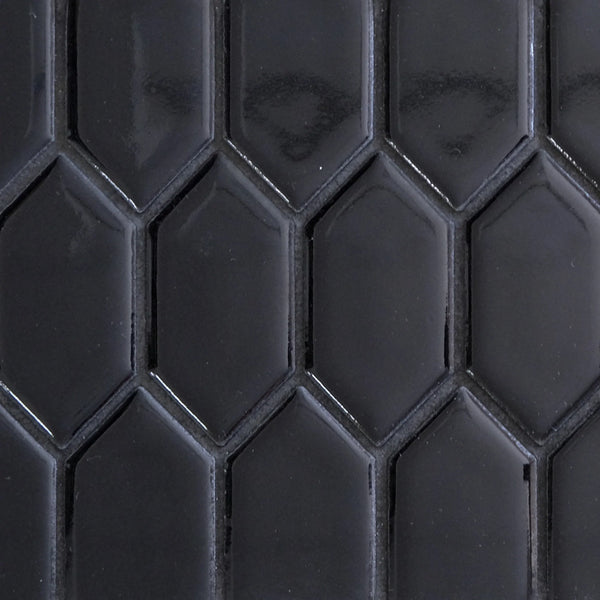 The New Form Picket Mosaic Tile features glossy black hexagonal tiles in a repeating pattern with visible grout lines, offering a smooth, reflective surface ideal for bold shower walls or modern backsplashes.