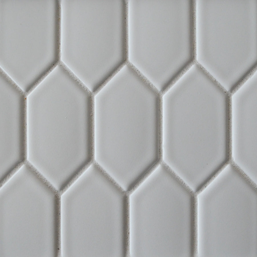 New Form Picket Mosaic Tile features a white ceramic design with a repeating elongated hexagon pattern, separated by recessed grout lines. Its smooth, matte surface is perfect for modern backsplashes or shower walls.