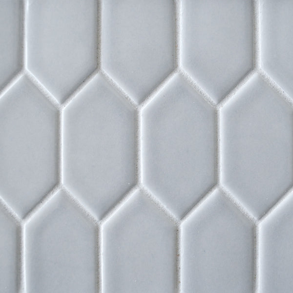 Close-up of New Form Picket Mosaic Tile, featuring a white surface with a repeating hexagonal pattern, slightly raised edges, and a matte finish—ideal for adding a modern touch to backsplashes or shower walls.
