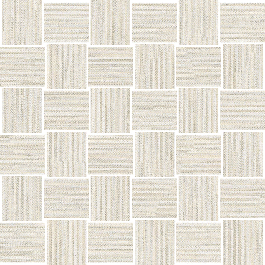 The Nile 2x2 Mosaic Tile features light beige porcelain pieces arranged in a grid with small gaps, creating a woven checkerboard look. Each tile has a subtle, fabric-like textured surface for added visual interest.