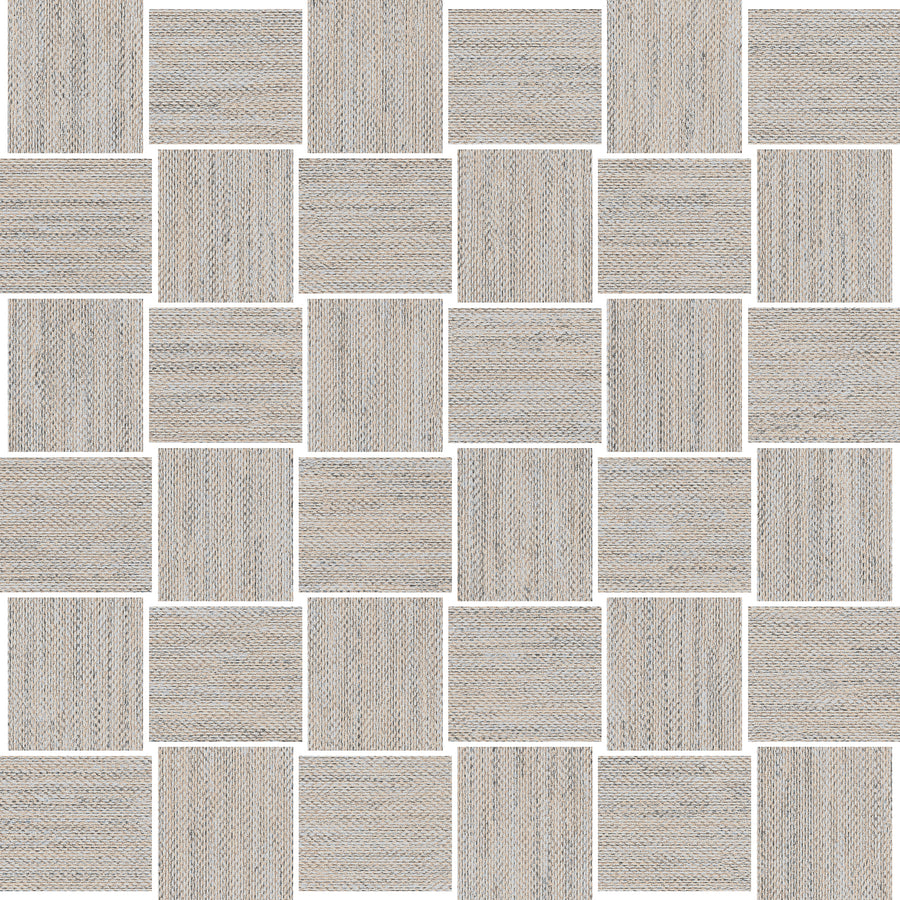 The Nile 2x2 Mosaic Tile features a grid of light brown porcelain tiles with a subtle woodgrain texture, arranged in a staggered pattern with narrow gaps on a neutral background.