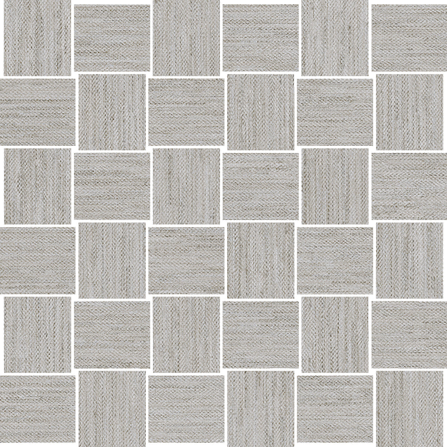 The Nile 2x2 Mosaic Tile features a grid of evenly spaced light gray tiles with a subtle woven texture, arranged in a checkerboard pattern with narrow gaps between each tile.