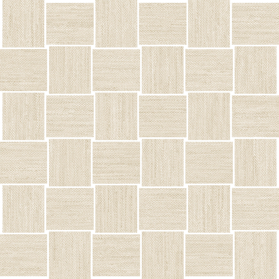 The Nile 2x2 Mosaic Tile features square beige porcelain tiles with a subtle woven texture, arranged in a seamless grid and separated by thin white grout lines.