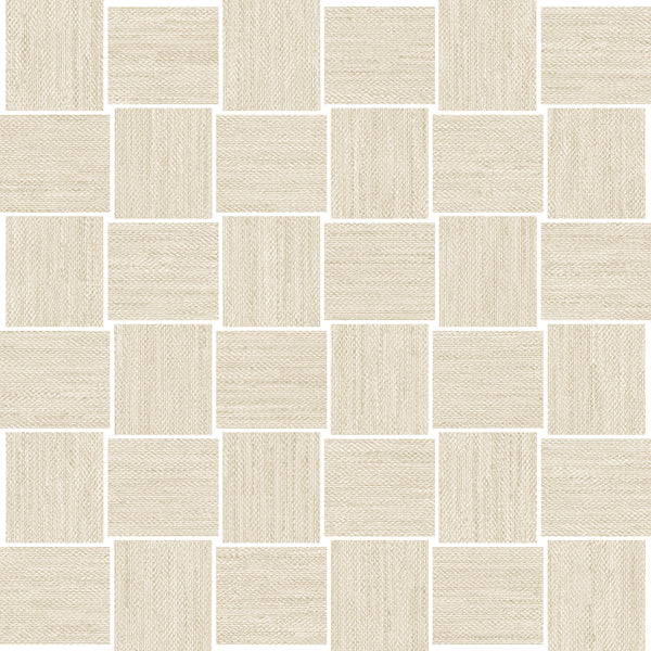 The Nile 2x2 Mosaic Tile features square beige porcelain tiles with a subtle woven texture, arranged in a seamless grid and separated by thin white grout lines.