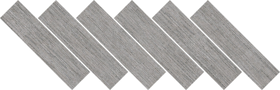 Six elongated gray tiles from the Nile Mosaic Herringbone Tile collection are arranged in a zigzag pattern, each touching at the corners. Each tile features a textured, wood-like finish reminiscent of luxurious tile.