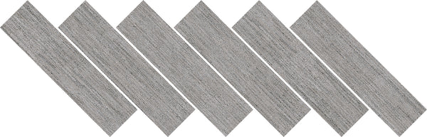 Six elongated gray tiles from the Nile Mosaic Herringbone Tile collection are arranged in a zigzag pattern, each touching at the corners. Each tile features a textured, wood-like finish reminiscent of luxurious tile.