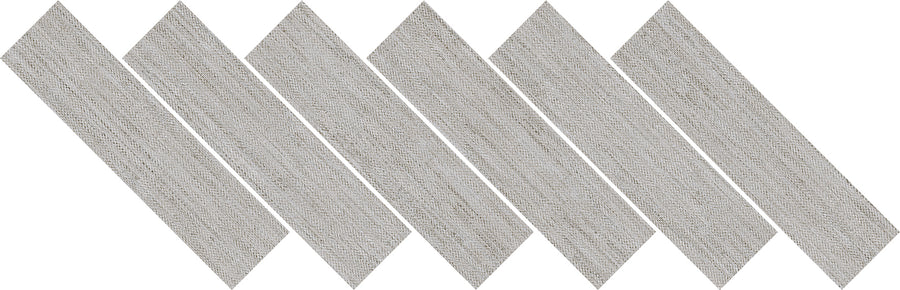 Six elongated Nile Mosaic Herringbone Tiles in light gray, each with a subtle woolen texture, are arranged in a row with slightly overlapping diamond-shaped corners.