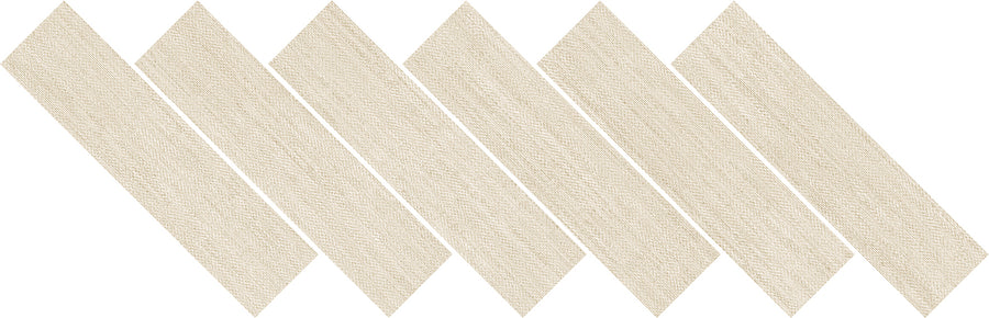 Six beige Nile Mosaic Herringbone Tiles, with a textured finish and luxury look, are arranged diagonally in a zigzag pattern on a white background, each tile slightly overlapping the next.