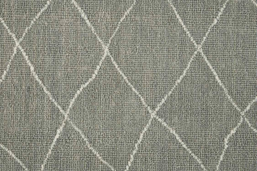 Old World Trellis On Trend Wool Carpet features a gray textured design with a subtle, irregular white crisscross diamond pattern, evoking the style of a vintage wool trellis rug.