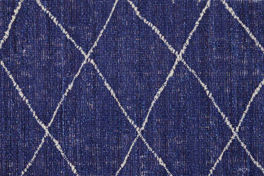 The Old World Trellis On Trend Wool Carpet features a dark blue woven fabric with a white crisscross diamond pattern, inspired by the timeless elegance of vintage wool trellis rugs.