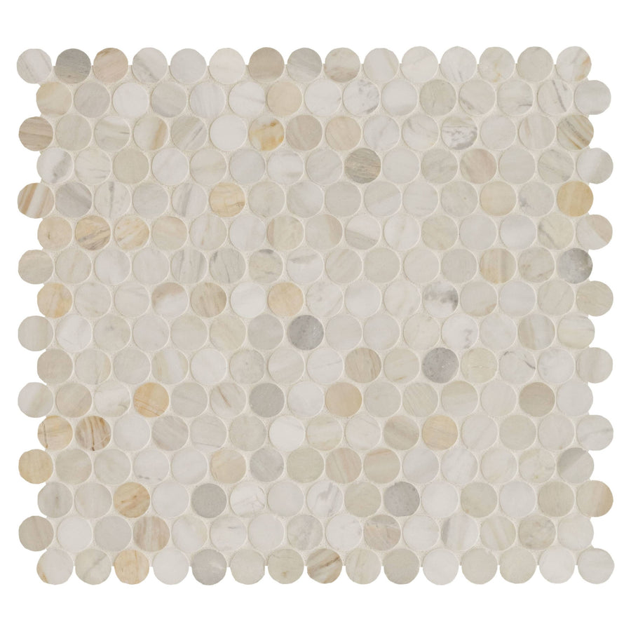 The Olympia Sandalwood Penny Round Marble Mosaic features circular tiles in beige, cream, and light gray on a white grid—an ideal contemporary backsplash for kitchens or bathrooms.
