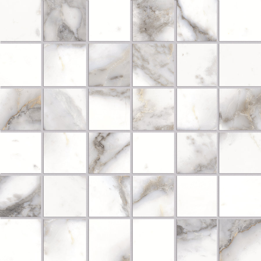 The Opus 2x2 Mosaic Ceramic Tile features a grid of square, white tiles with subtle gray and gold veining. Each tile showcases unique marble patterns, adding texture and elegance to any surface.