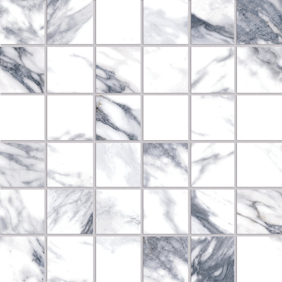 Opus 2x2 Mosaic Ceramic Tile features a grid of square white ceramic tiles with gray and black marble veining, offering varied patterns for a clean, modern geometric look.