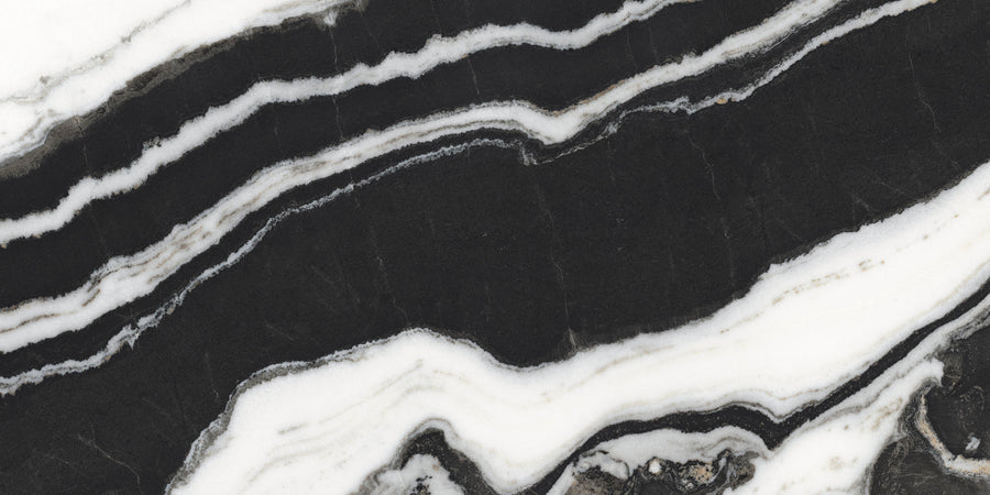 Featuring a bold, wavy white veining on a black marble surface, the Opus 24x48 Rectified Ceramic Tile offers a striking, high-contrast look—perfect for elevating any space with its sleek, modern design.