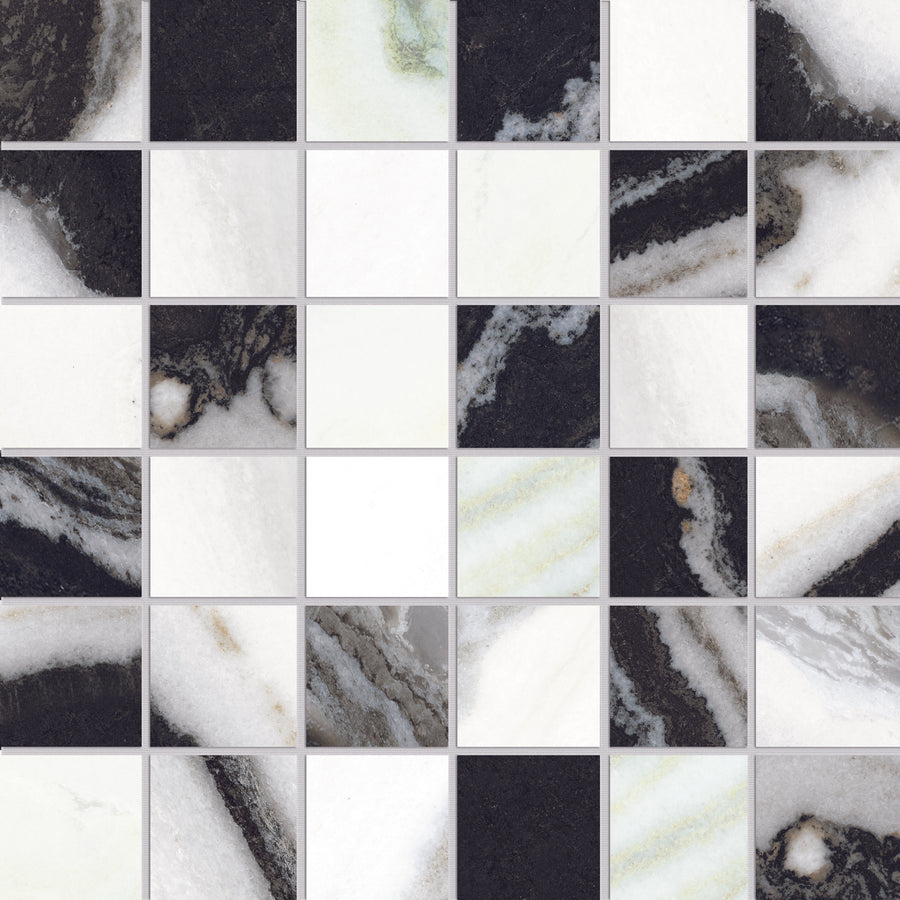 The Opus 2x2 Mosaic Ceramic Tile features a grid of square tiles with unique white, black, and gray tones and natural veining, creating a varied, textured mosaic look. Each in-stock tile has distinct colors and patterns for added visual interest.
