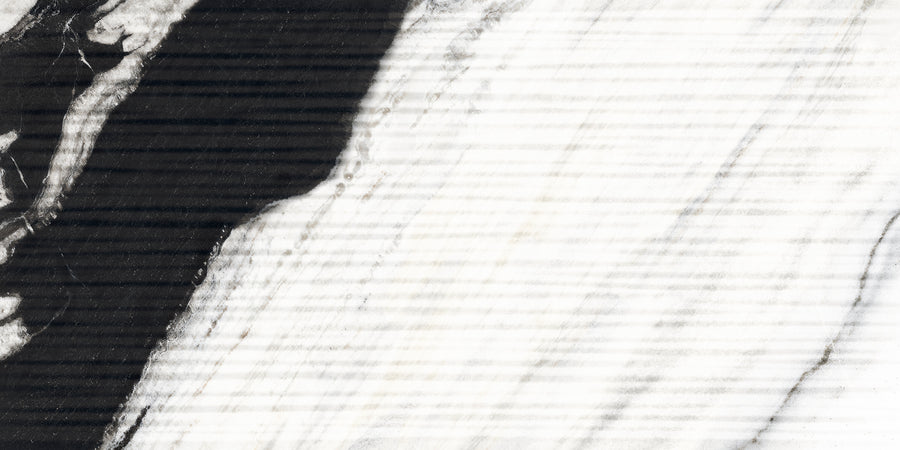 Close-up of the Opus 24x48 Ocean Deco Rectified Ceramic Tile, featuring a marble-inspired design with contrasting black and white veining and subtle horizontal striations for an abstract, textured look.