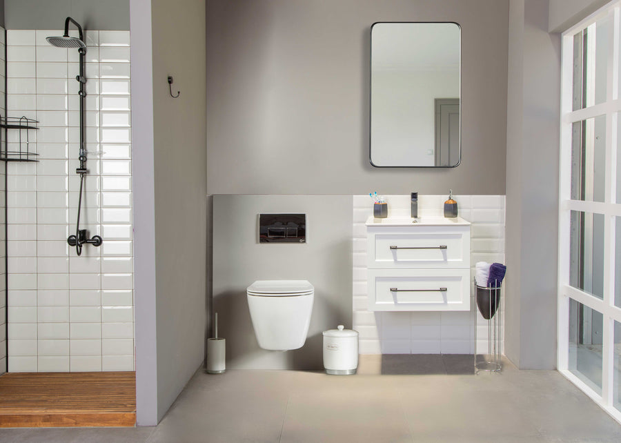 Modern bathroom featuring the Nova 24" Vanity, a wall-mounted toilet, mirror above the sink, shower with glass divider on the left, bin and toilet brush on the floor, all in sleek grey and white tones.