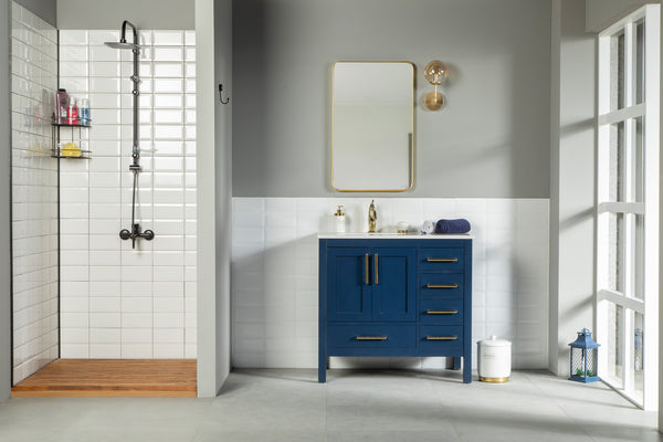 Modern bathroom with a walk-in shower, white subway tiles, wood floor, Ashley 36