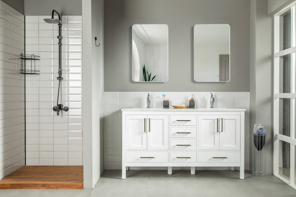 Modern bathroom with a walk-in shower on the left, an Ashley 60