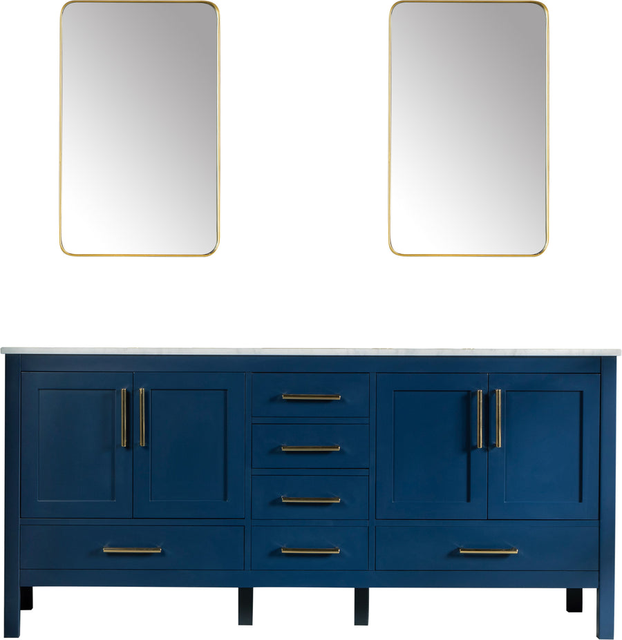 The Ashley 72" Double Bowl Vanity in blue features soft close drawers, four doors, and a white countertop. It sits below two gold-framed rectangular mirrors.