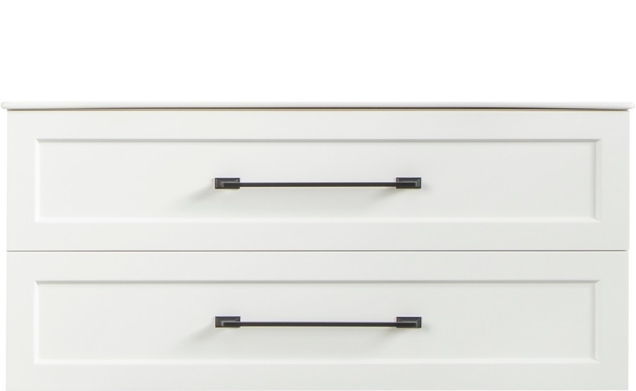 A close-up of two white cabinet drawers with black rectangular handles highlights the modern design of the Nova 36" Vanity set against a plain white background.